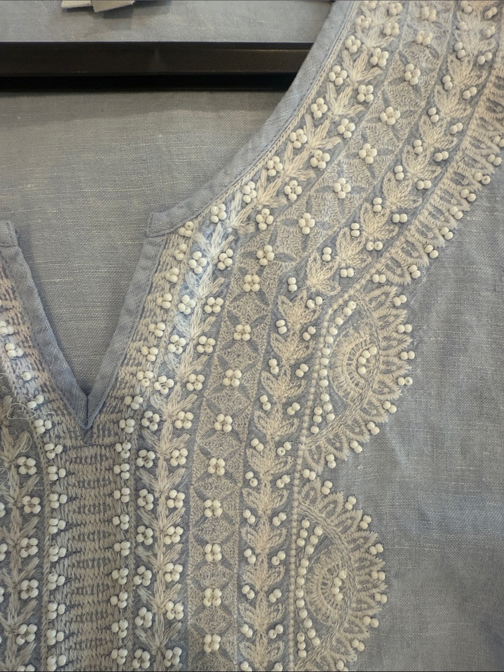 Embroidered Light Blue Tunic with white stitching and Beadwork.